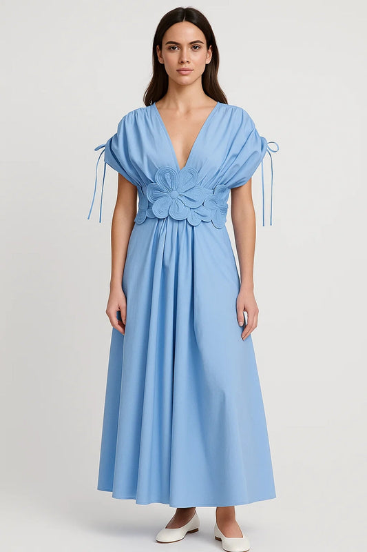 Robe Maxi Femme - Col V Profond avec Applique Florale à la Taille | Été