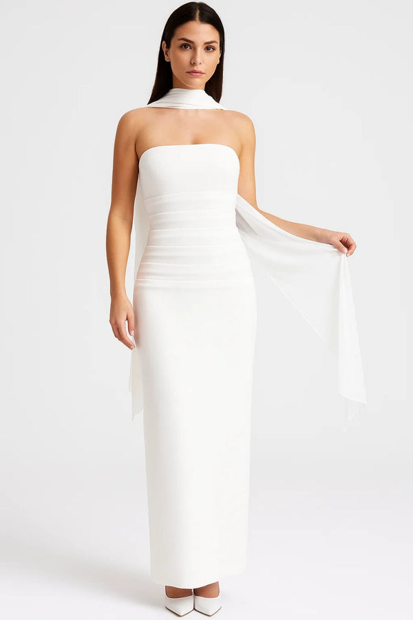 Robe Maxi Femme - Bustier Drapé Écharpe au Col | Élégante