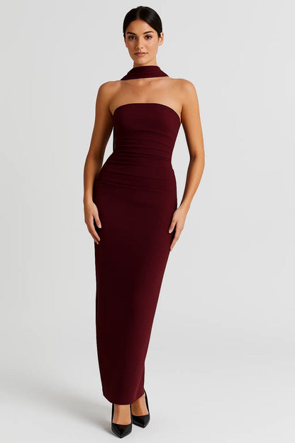 Robe Maxi Femme - Bustier Drapé Écharpe au Col | Élégante
