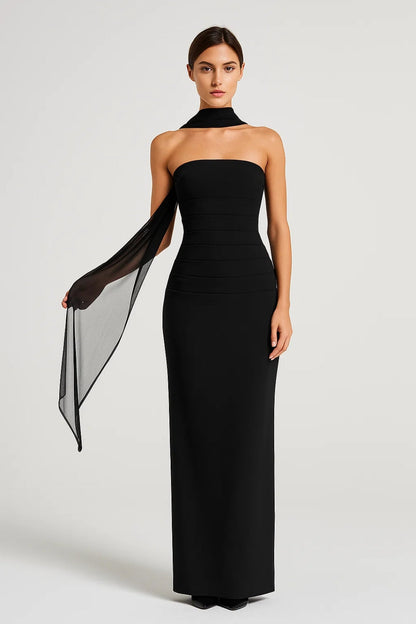 Robe Maxi Femme - Bustier Drapé Écharpe au Col | Élégante