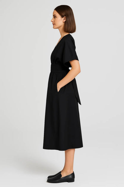 Robe Midi Femme - Col V Manches Courtes Poches Fente | Estivale