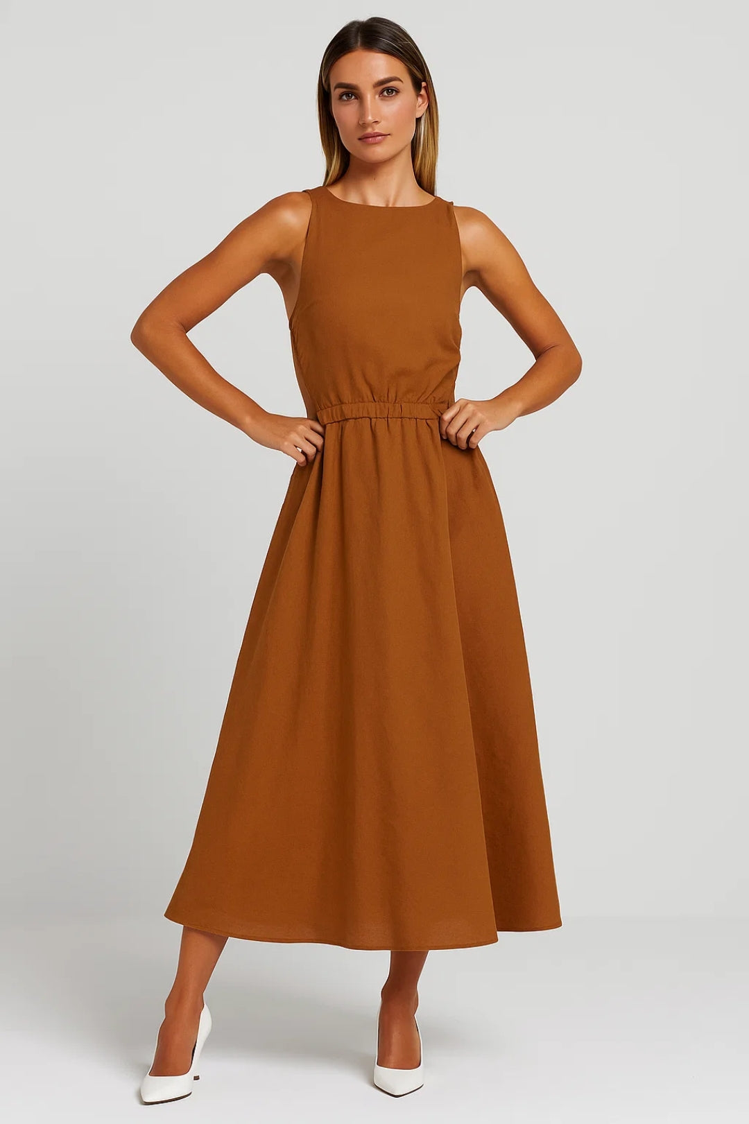 Robe Midi Femme - Sans Manches Taille Cintrée Évasée | Été