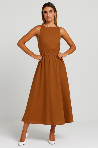 Robe Midi Femme - Sans Manches Taille Cintrée Évasée | Été