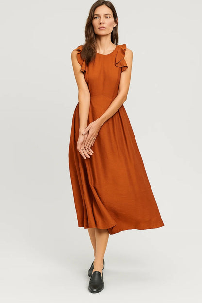 Robe Midi Femme - Sans Manches Volants Épaules Taille Cintrée | Été
