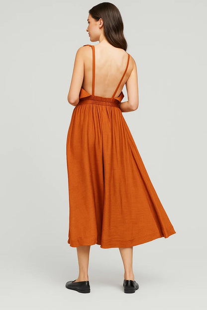 Robe Midi Femme - Sans Manches Volants Épaules Taille Cintrée | Été