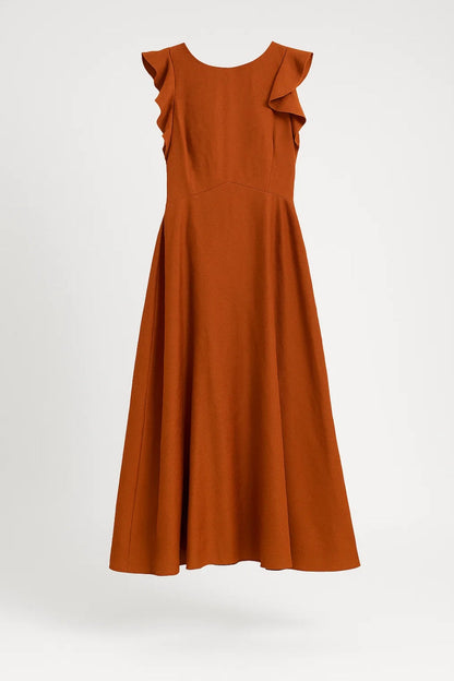 Robe Midi Femme - Sans Manches Volants Épaules Taille Cintrée | Été
