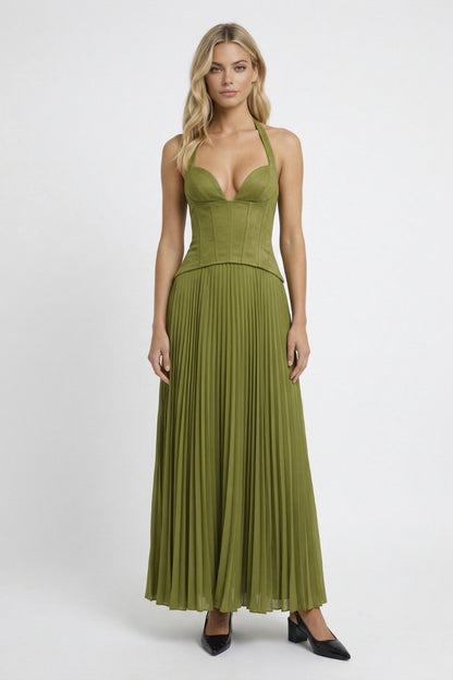 Robe Maxi Femme - Halter Corset Jupe Plissée Évasée | Élégante