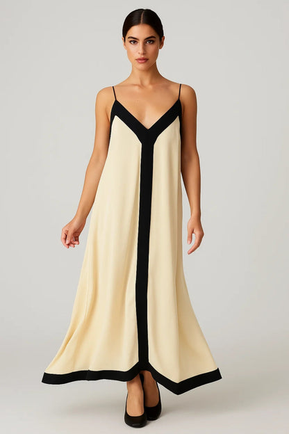 Robe Maxi Femme - Bretelles Fines Col V Bordures Contrastées | Chic