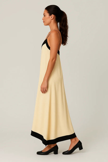 Robe Maxi Femme - Bretelles Fines Col V Bordures Contrastées | Chic