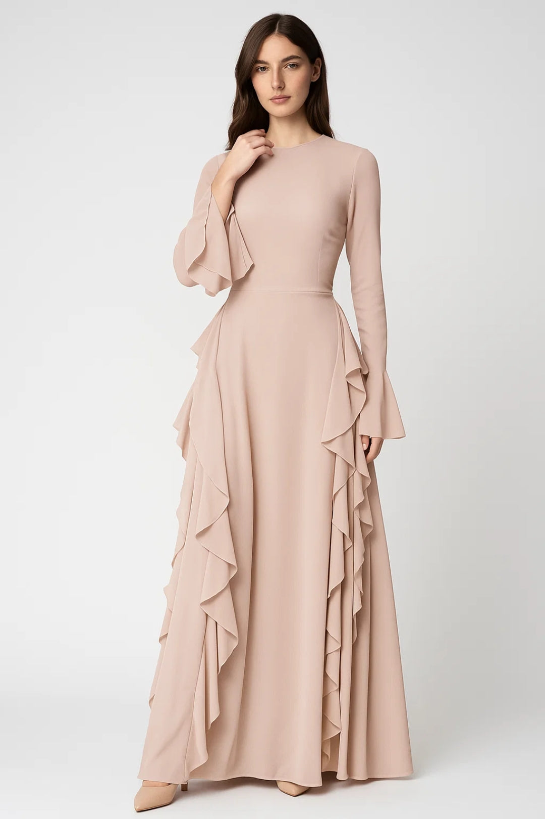 Robe Maxi Femme - Manches Longues Évasées avec Volants | Élégant