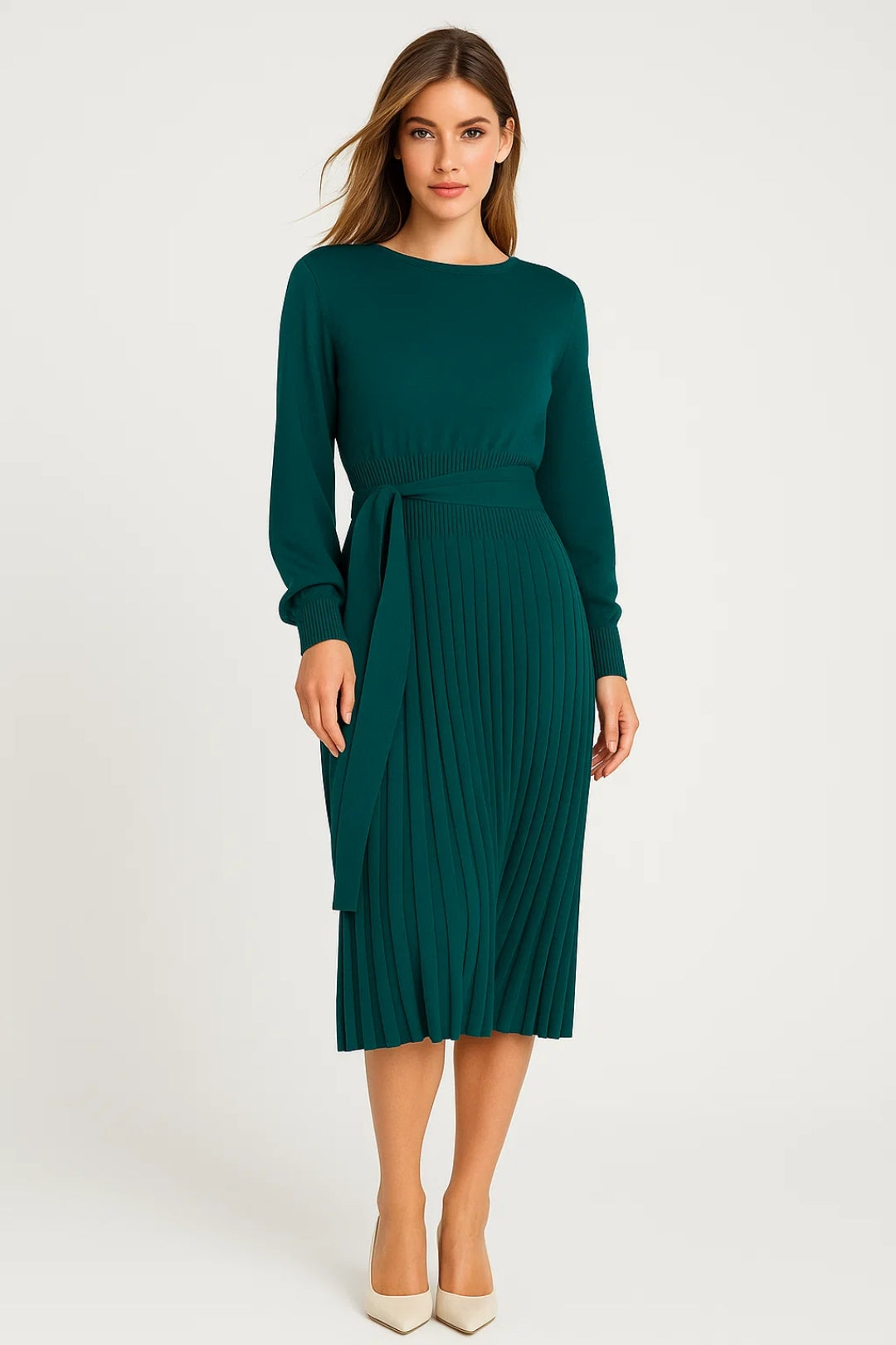 Robe Midi Femme - Manches Longues Plissée Ceinturée | Élégante
