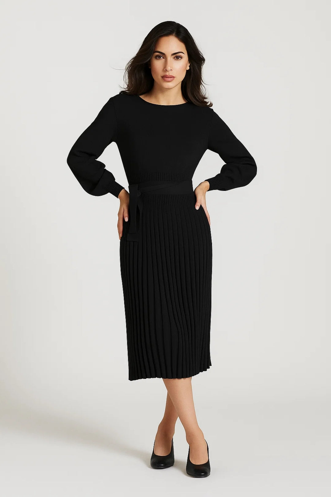 Robe Midi Femme - Manches Longues Plissée Ceinturée | Élégante