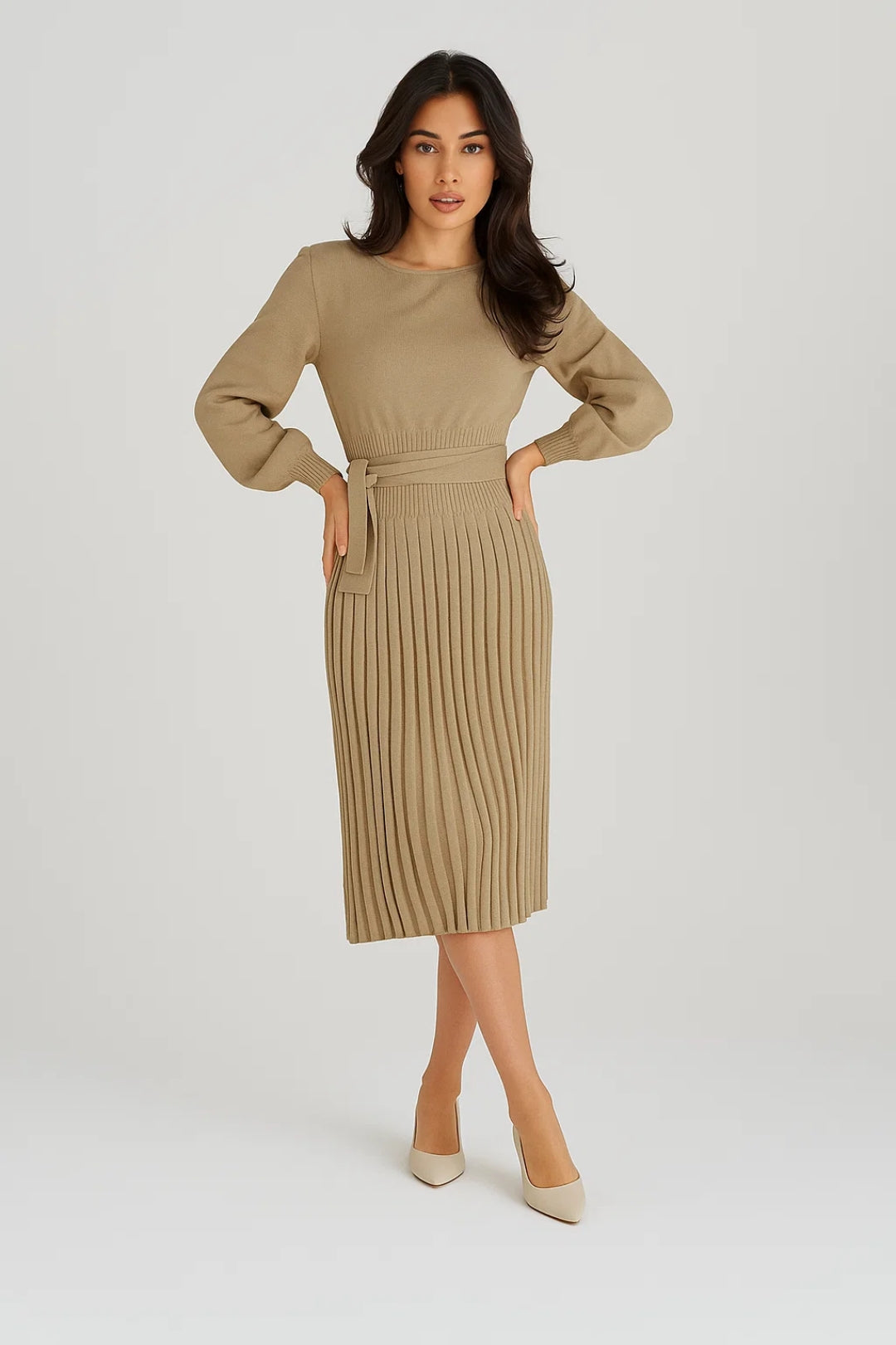 Robe Midi Femme - Manches Longues Plissée Ceinturée | Élégante