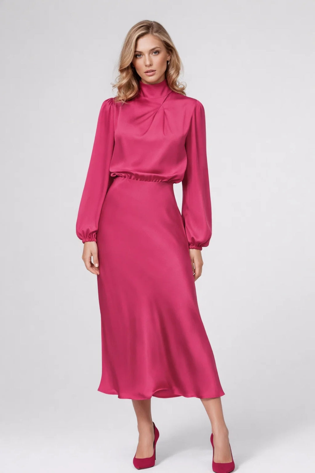 Robe Midi Femme - Col Montant Manches Bouffantes | Élégante
