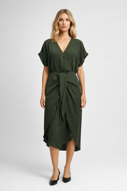 Robe Midi Femme - Col V Croisé Manches Courtes Ceinturée | Élégante