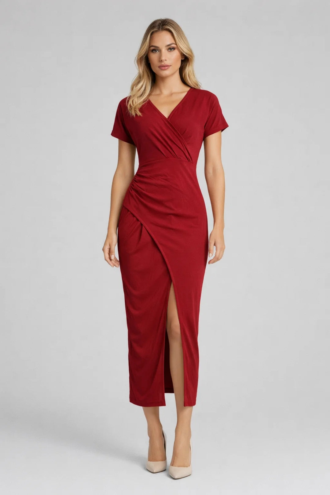 Robe Midi Femme - Col V Croisé Manches Courtes Fendue | Élégante