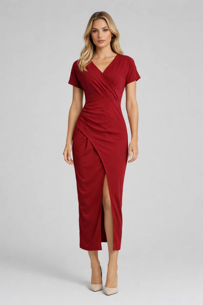 Robe Midi Femme - Col V Croisé Manches Courtes Fendue | Élégante