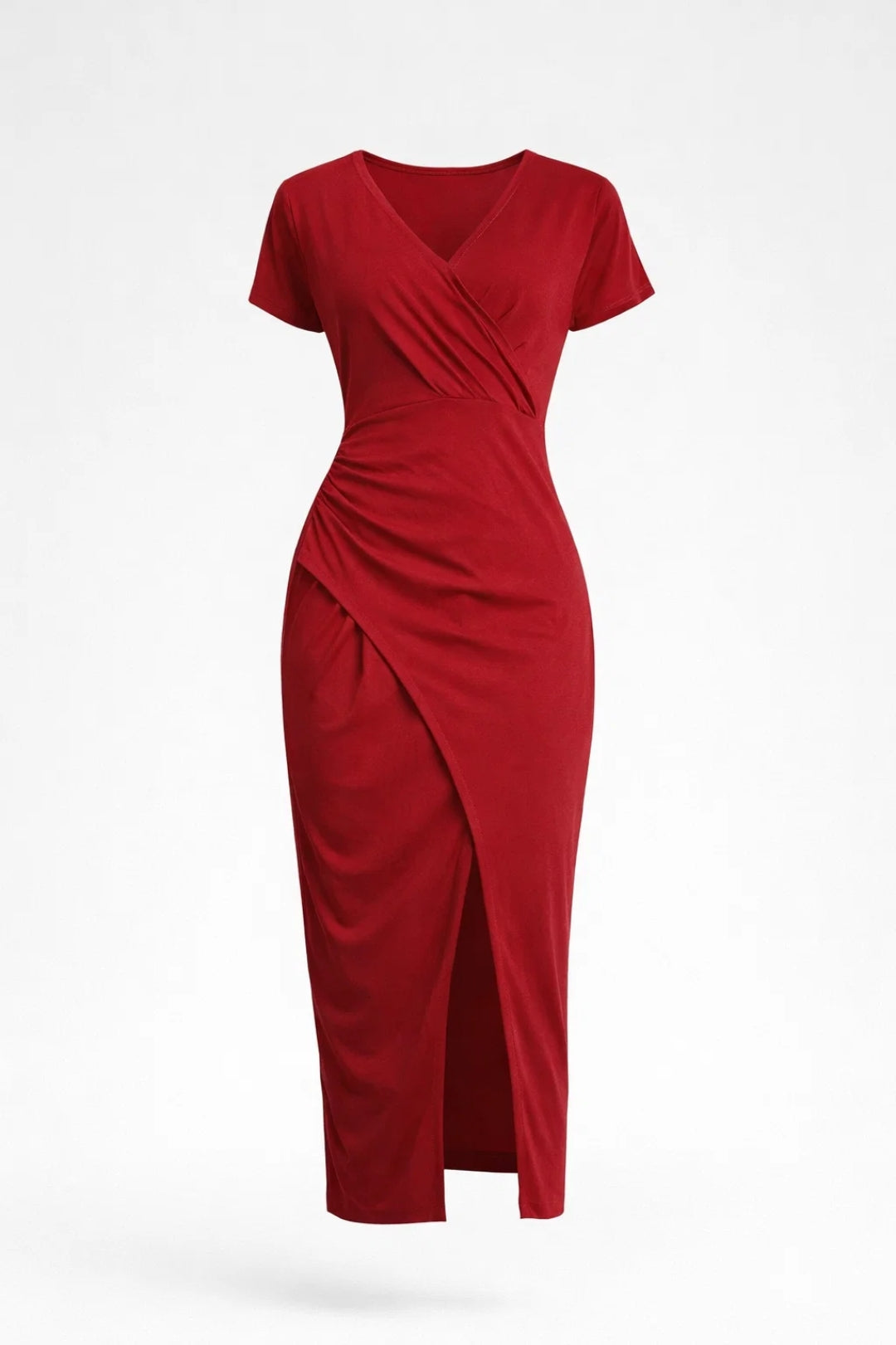 Robe Midi Femme - Col V Croisé Manches Courtes Fendue | Élégante