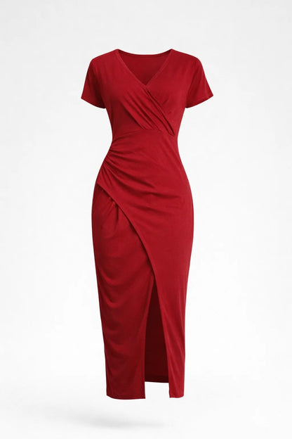 Robe Midi Femme - Col V Croisé Manches Courtes Fendue | Élégante