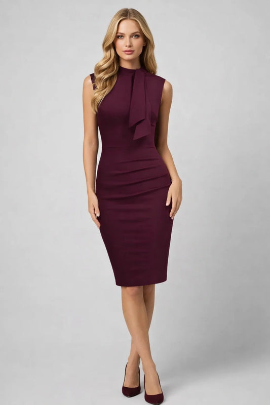 Robe Midi Femme - Sans Manches Col Noeud Coupe Ajustée | Élégante