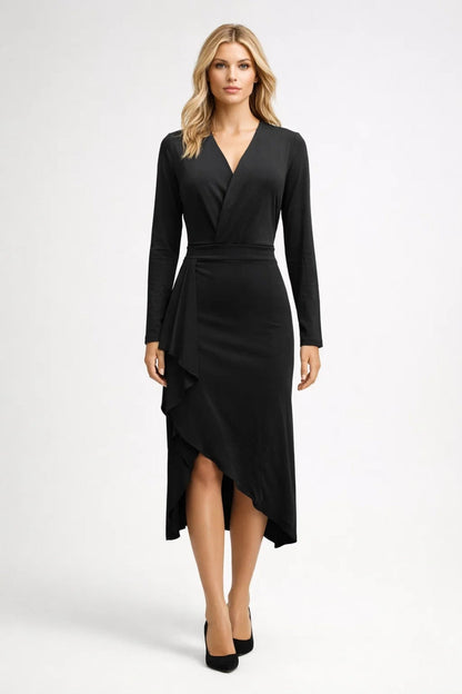 Robe Midi Femme - Col V Croisé Manches Longues Volant | Élégante