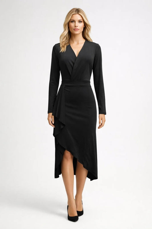 Robe Midi Femme - Col V Croisé Manches Longues Volant | Élégante