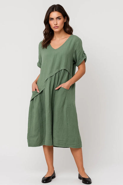 Robe Midi Femme - Col V Manches Courtes Ample Poches | Estivale