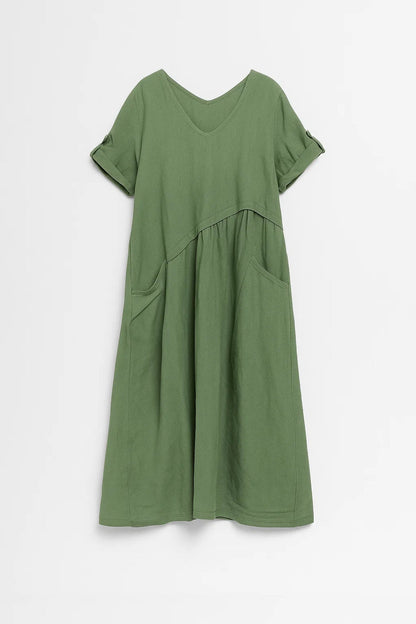 Robe Midi Femme - Col V Manches Courtes Ample Poches | Estivale