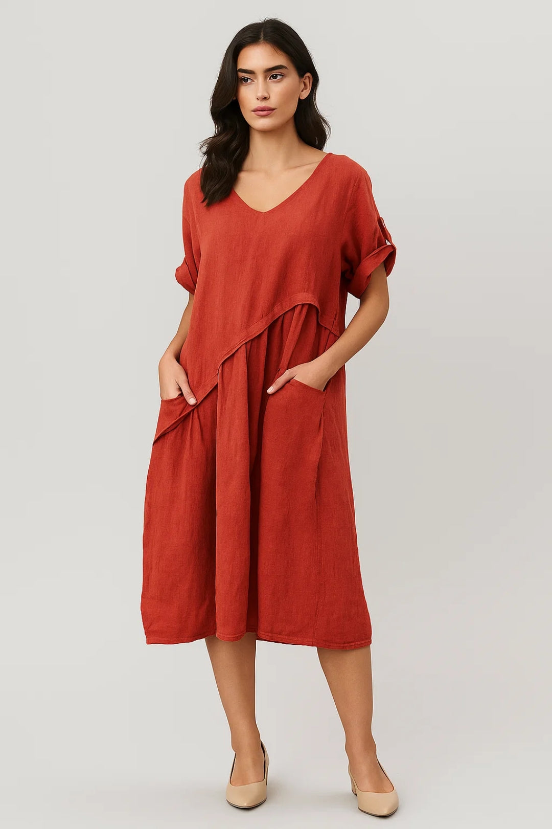 Robe Midi Femme - Col V Manches Courtes Ample Poches | Estivale