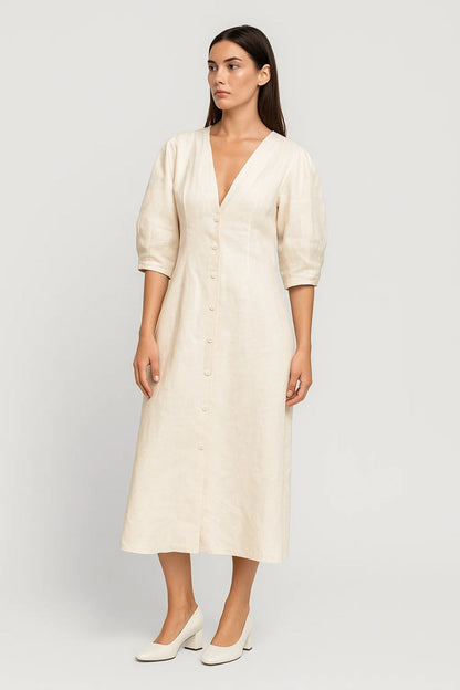 Robe Midi Femme - Boutonnée Col V Manches Bouffantes | Été