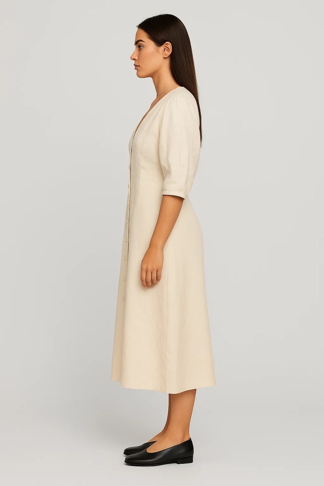 Robe Midi Femme - Boutonnée Col V Manches Bouffantes | Été
