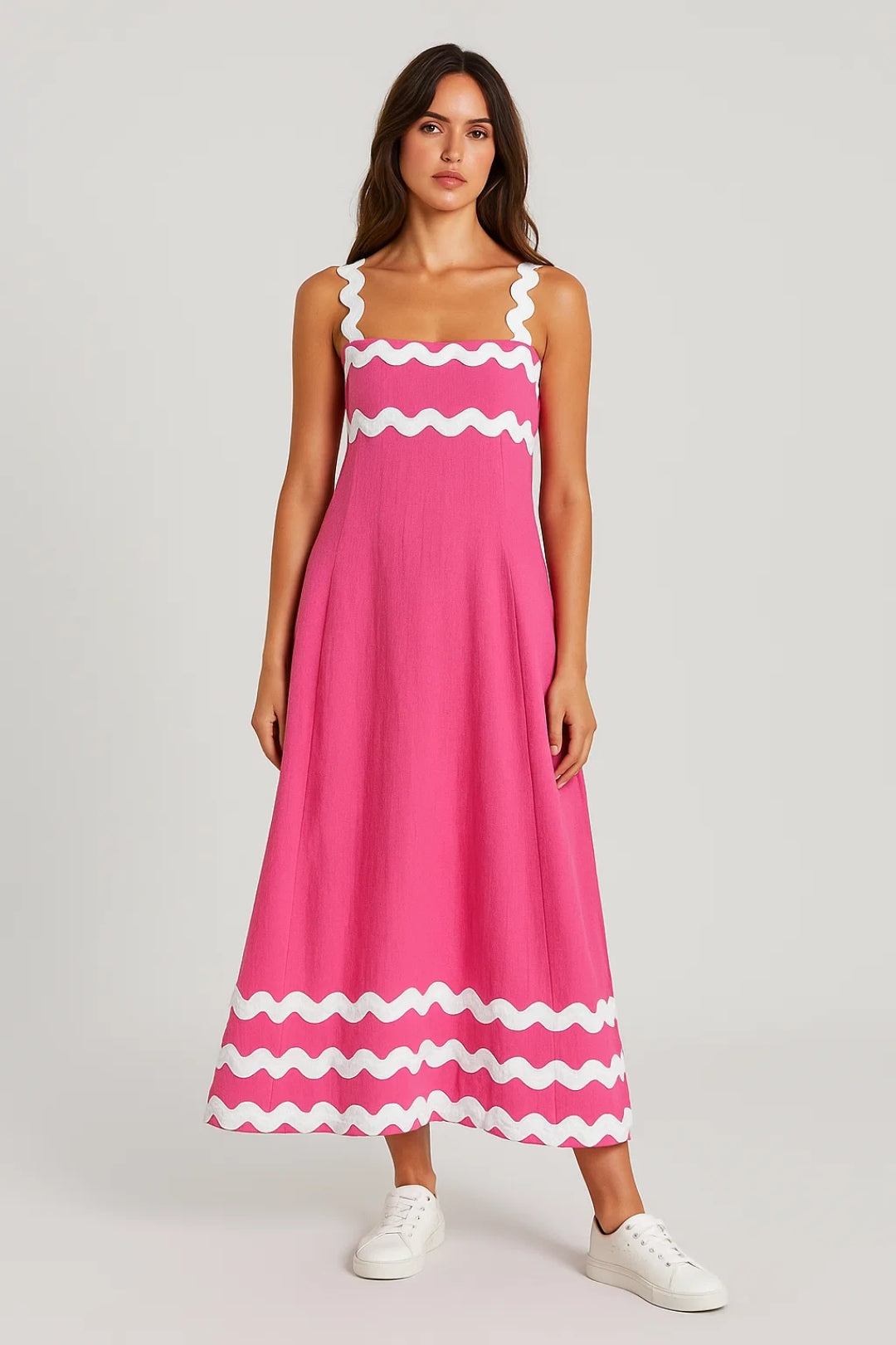 Robe Maxi Femme - Bretelles Larges Bordures Ondulées Évasée | Été