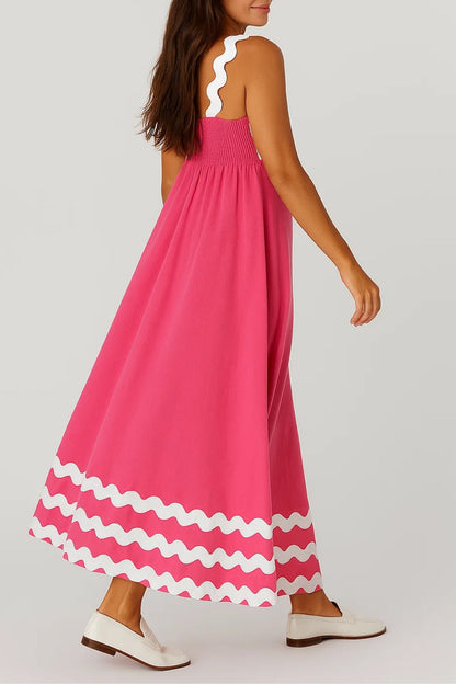 Robe Maxi Femme - Bretelles Larges Bordures Ondulées Évasée | Été