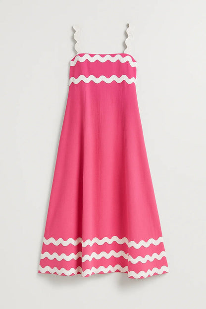 Robe Maxi Femme - Bretelles Larges Bordures Ondulées Évasée | Été