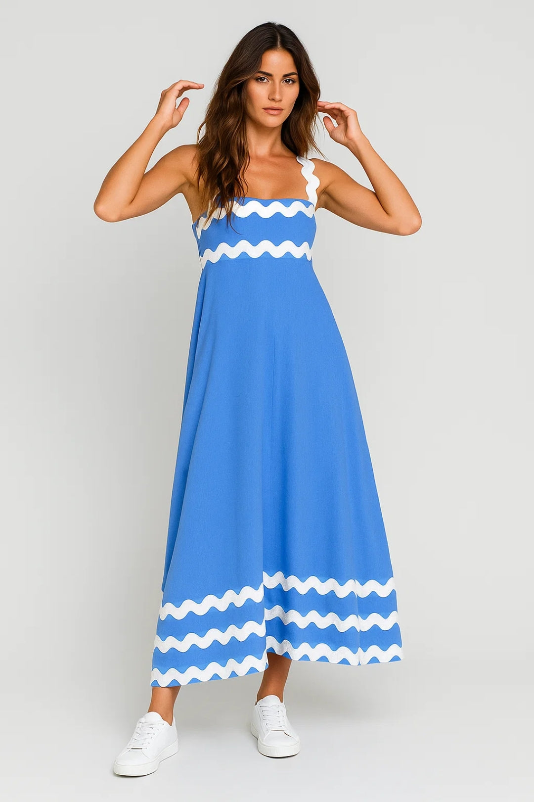 Robe Maxi Femme - Bretelles Larges Bordures Ondulées Évasée | Été