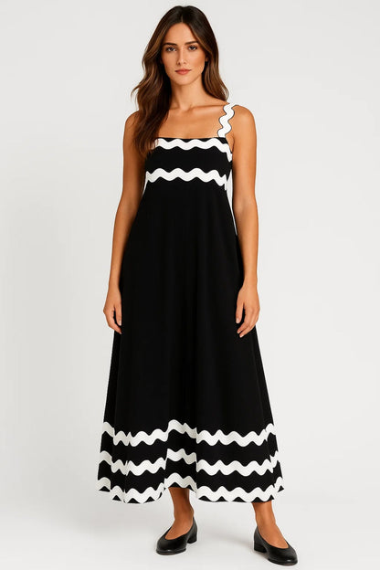 Robe Maxi Femme - Bretelles Larges Bordures Ondulées Évasée | Été