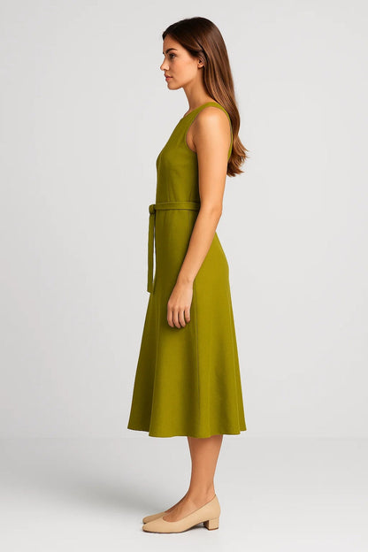 Robe Midi Femme - Sans Manches Ceinturée Dos Boutonné | Estivale