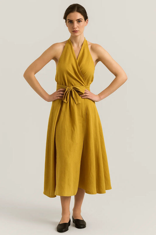 Robe Midi Femme - Dos Nu Cache-Coeur Ceinturée | Élégante