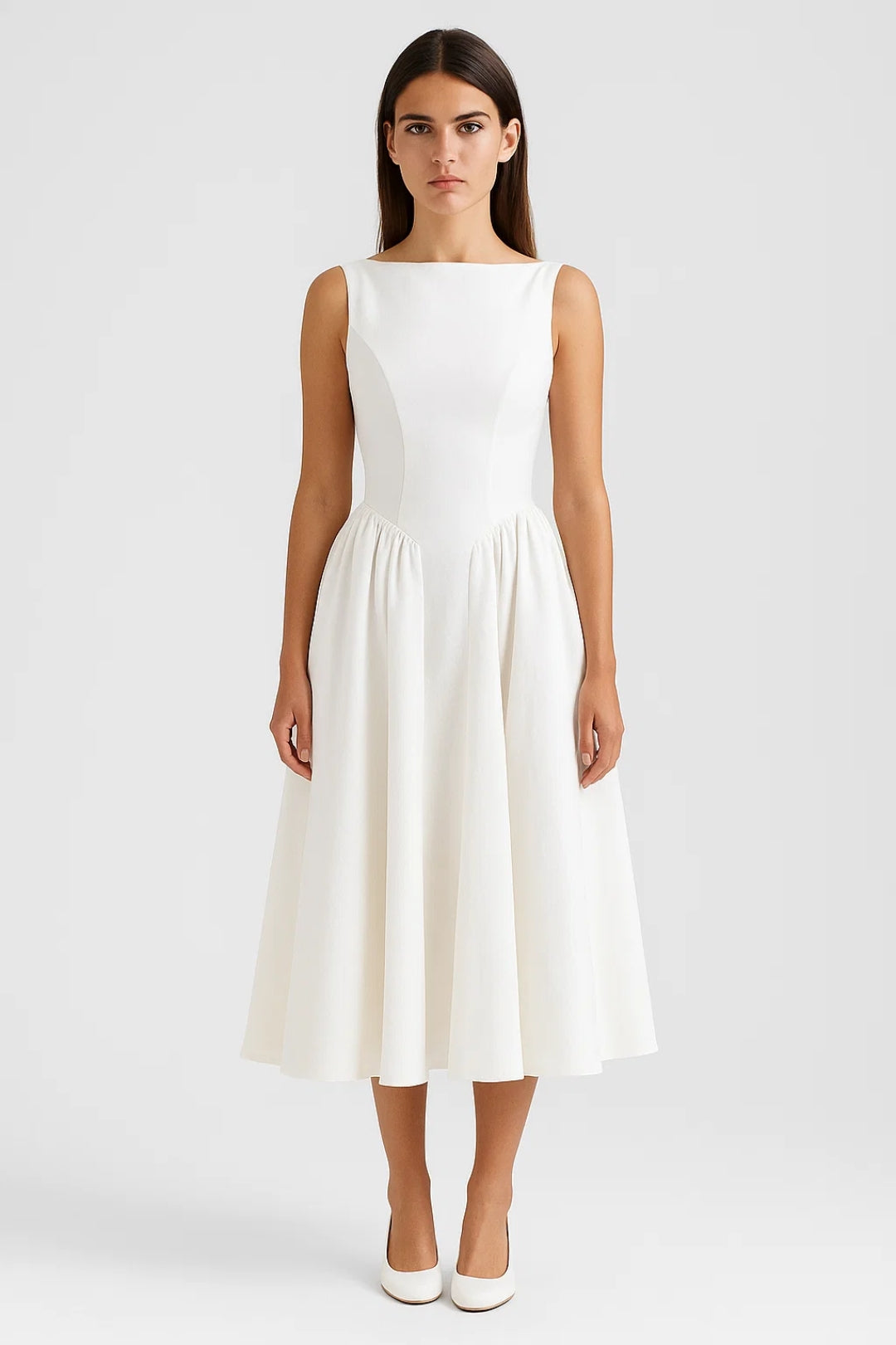 Robe Midi Femme - Sans Manches Encolure Bateau Jupe Évasée | Chic