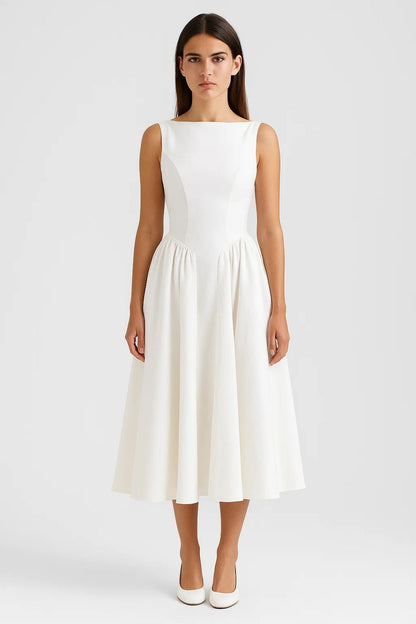 Robe Midi Femme - Sans Manches Encolure Bateau Jupe Évasée | Chic