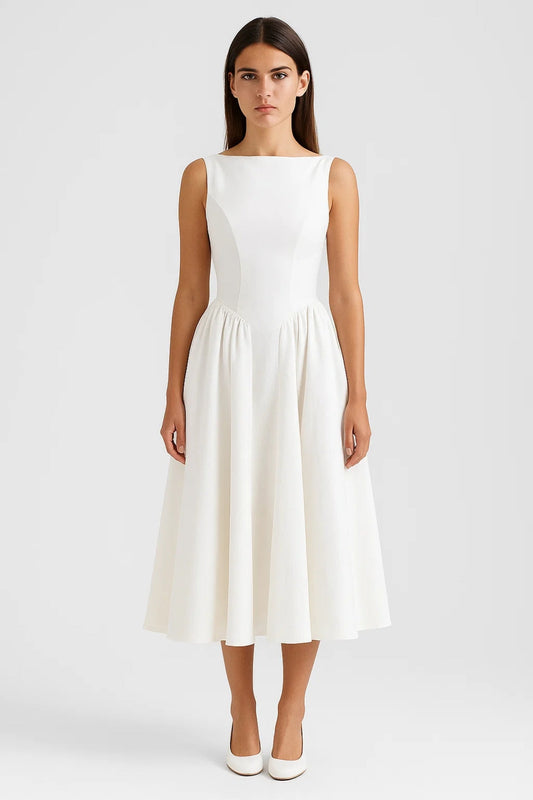 Robe Midi Femme - Sans Manches Encolure Bateau Jupe Évasée | Chic