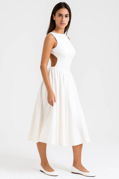 Robe Midi Femme - Sans Manches Encolure Bateau Jupe Évasée | Chic