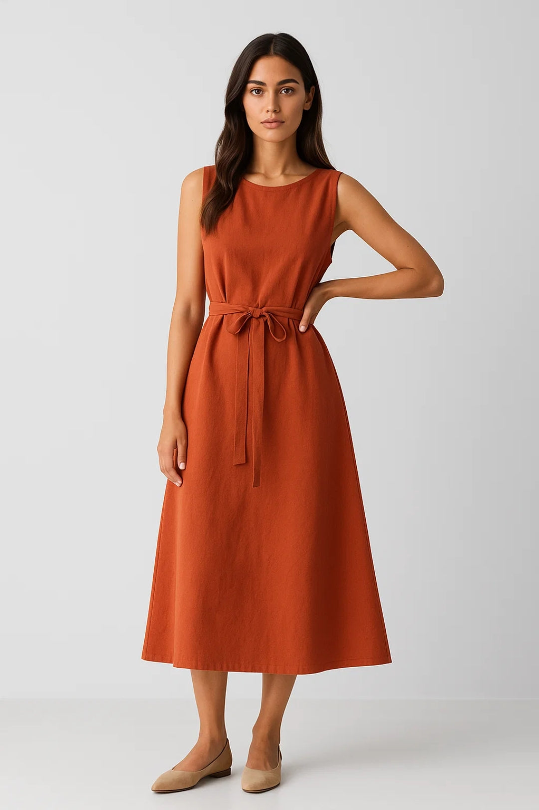 Robe Midi Femme - Sans Manches Ceinturée Coupe Évasée | Estivale