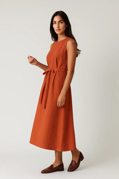 Robe Midi Femme - Sans Manches Ceinturée Coupe Évasée | Estivale