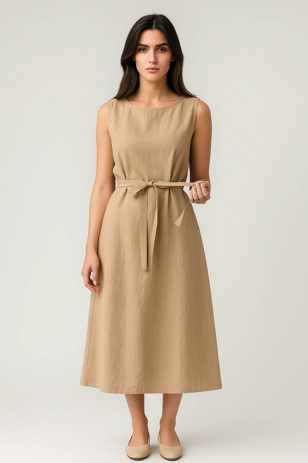 Robe Midi Femme - Sans Manches Ceinturée Coupe Évasée | Estivale