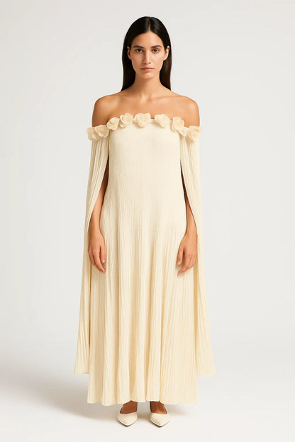 Robe Maxi Femme - Off Shoulder Plissée avec Roses | Élégant
