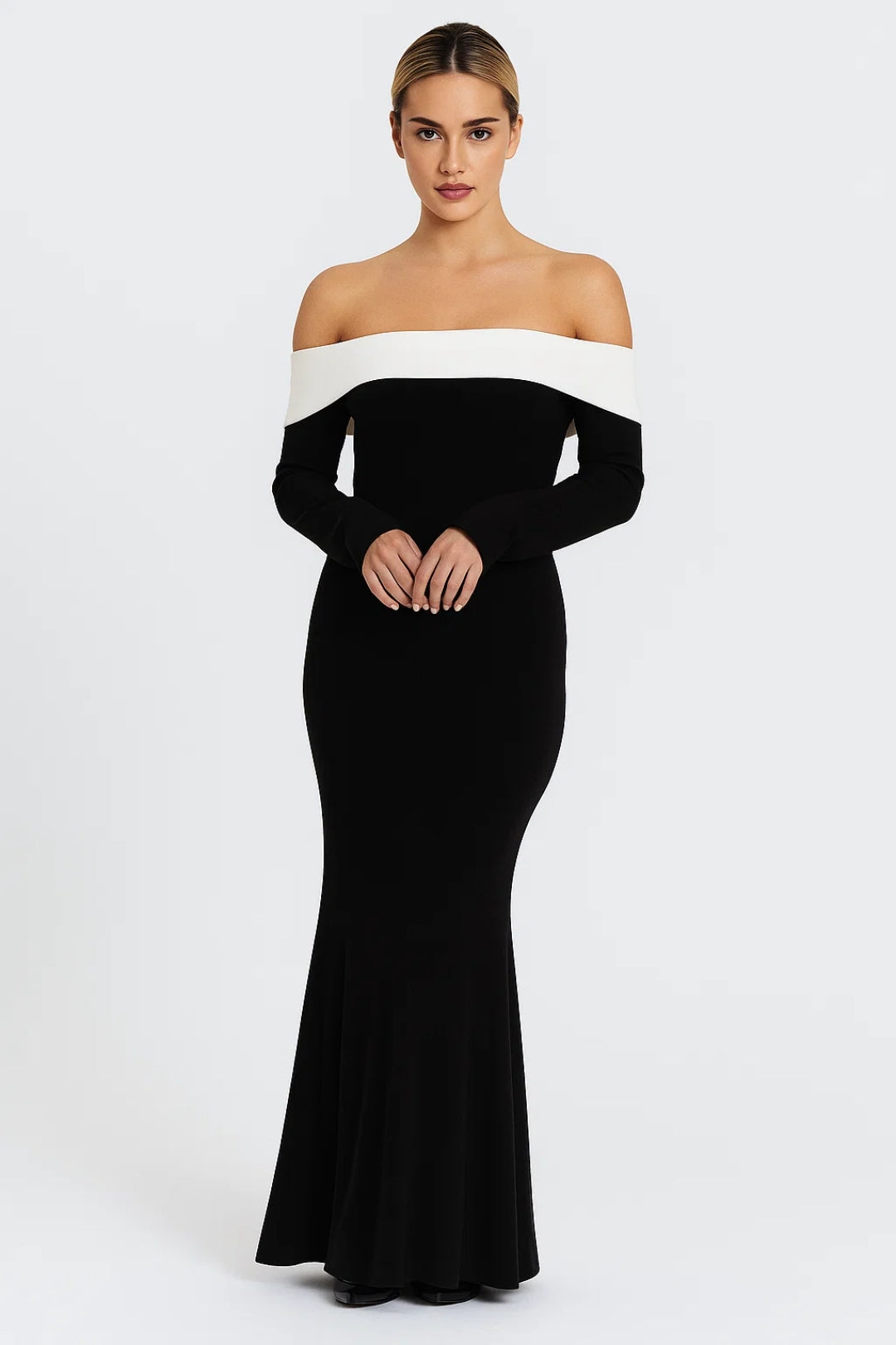 Robe Maxi Femme - Épaules Dénudées Manches Longues Contrastées | Chic
