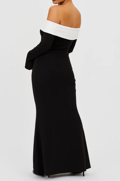 Robe Maxi Femme - Épaules Dénudées Manches Longues Contrastées | Chic