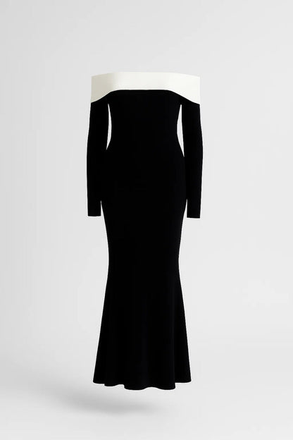 Robe Maxi Femme - Épaules Dénudées Manches Longues Contrastées | Chic