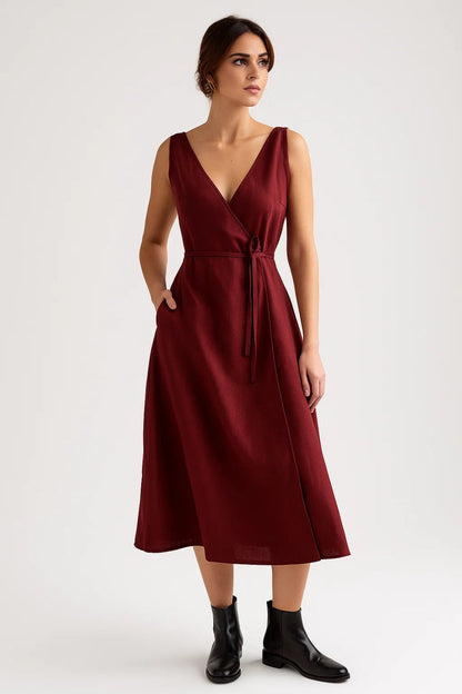 Robe Midi Femme - Portefeuille Col V Sans Manches Poches | Élégante